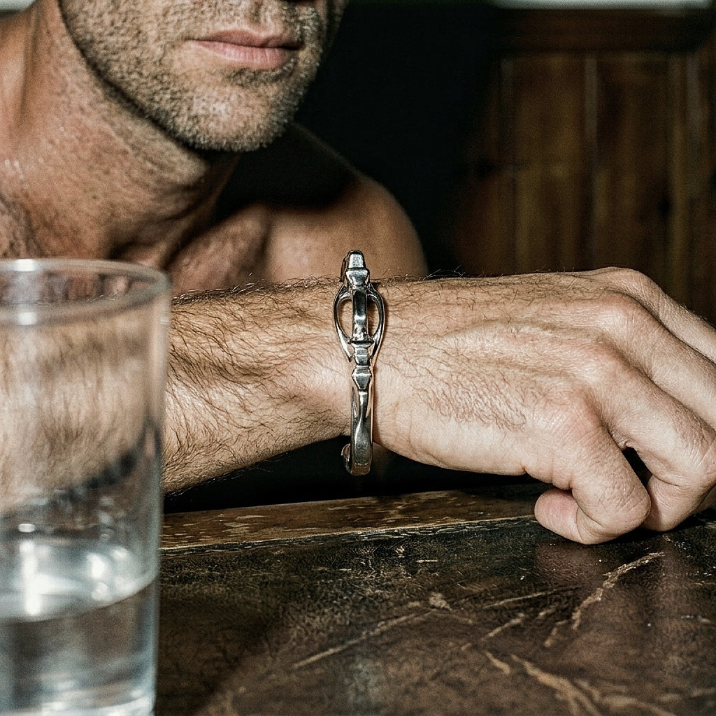 Sterling silver bracelet on male forearm in warm editorial light beside a glass on dark wooden bar