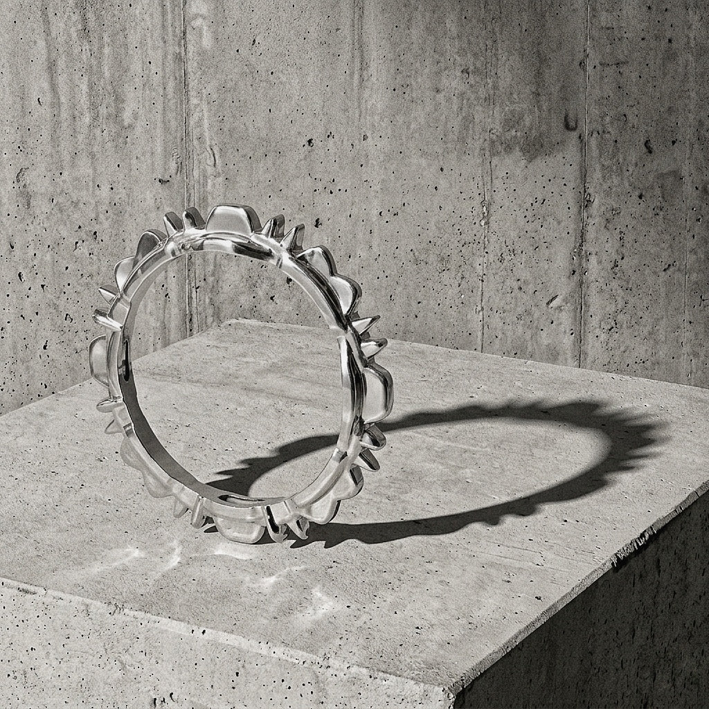 Solid sterling silver bangle showing the full circle of mineral facets running the perimeter on concrete surface, 925 silver