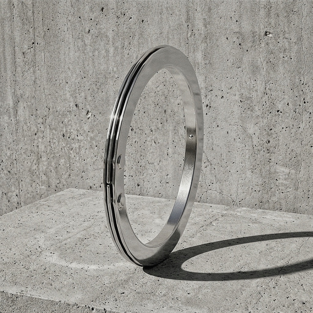 Junction Bangle in sterling silver — three-band rigid bracelet standing on concrete, side profile showing riveted structural node, A Gross Domestic Product