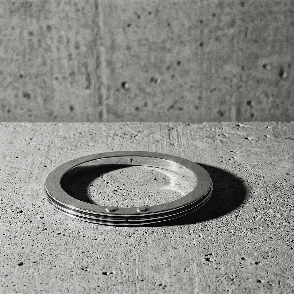 Three parallel polished bands separated by matte channels, two rivets forming the structural junction, 925 silver