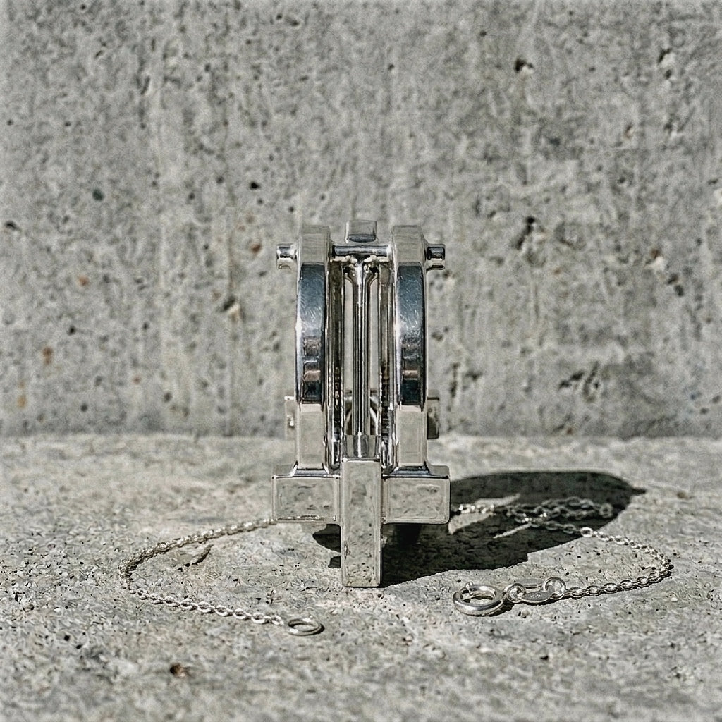 Architectural sterling silver pendant showing internal columns of the upper bail module and depth of the three-band construction
