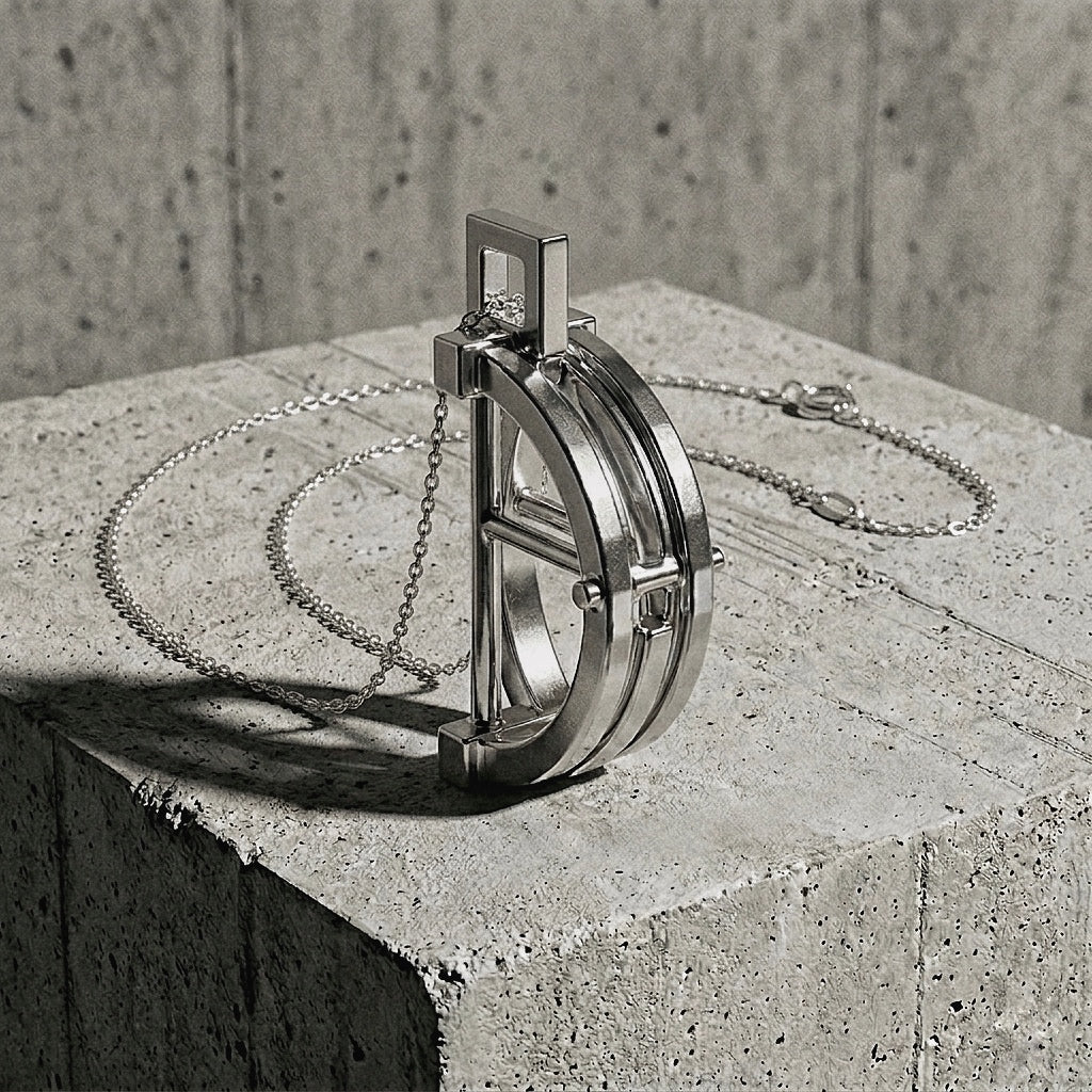 Three-band half-arc pendant with architectural rectangular bail and silver chain arranged on concrete, A Gross Domestic Product