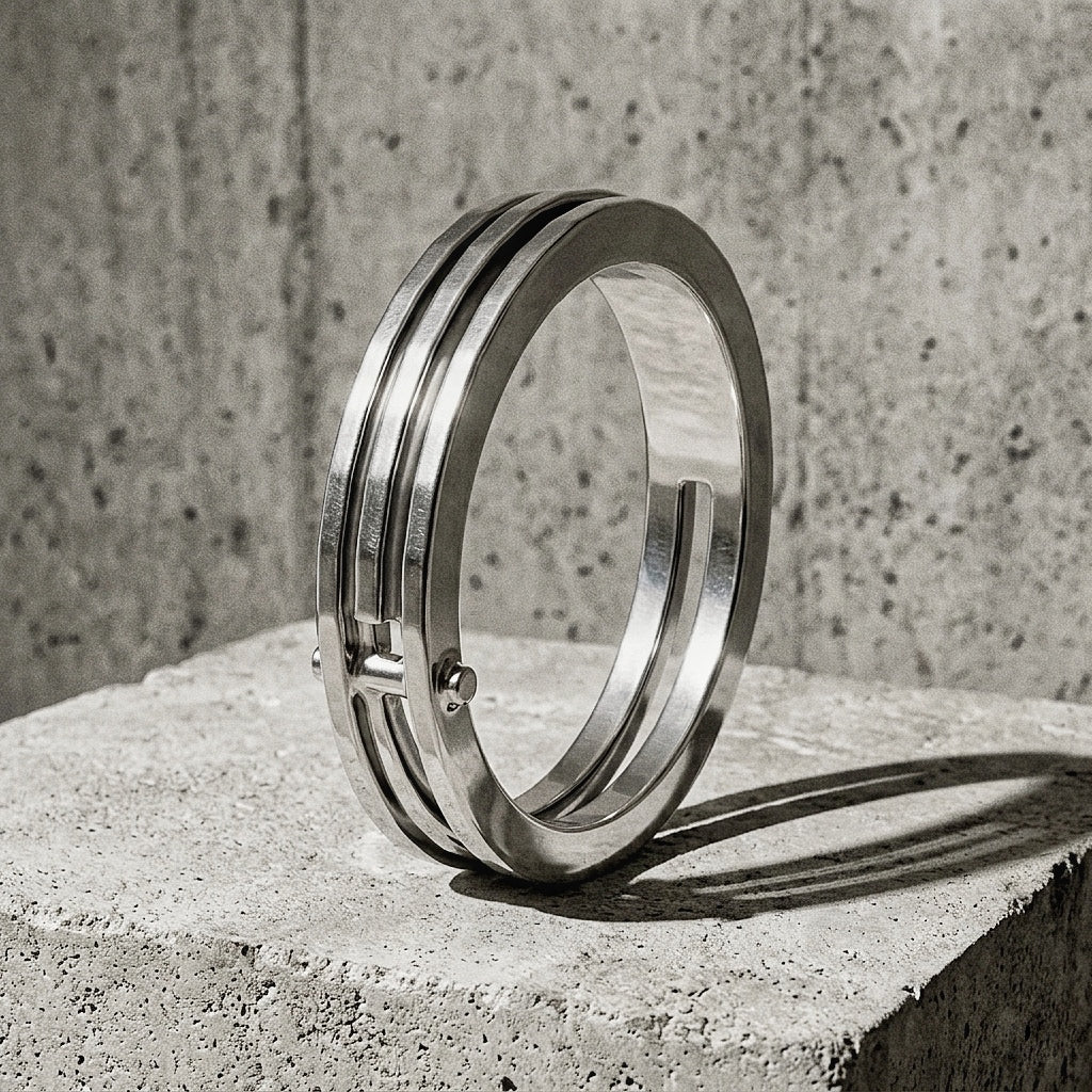Polished sterling silver ring revealing flat sectional profile and riveted vertex