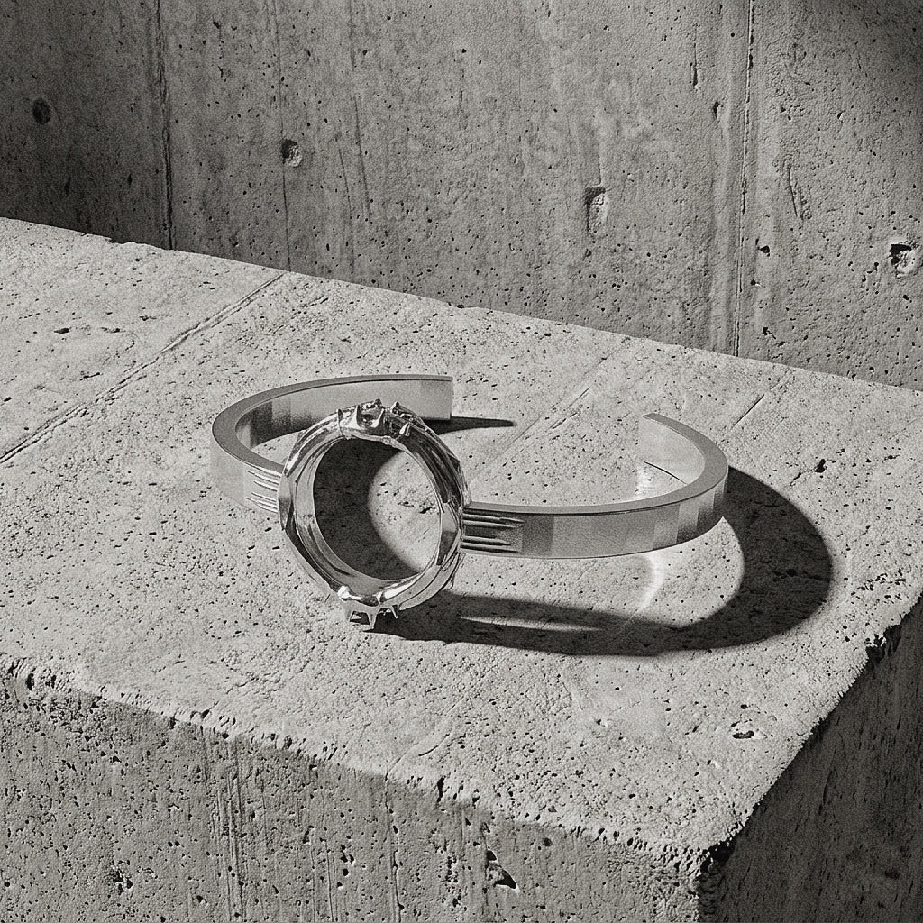 Sterling silver cuff showing the parallel polished bands and the front Spiked module against concrete wall, 925 silver