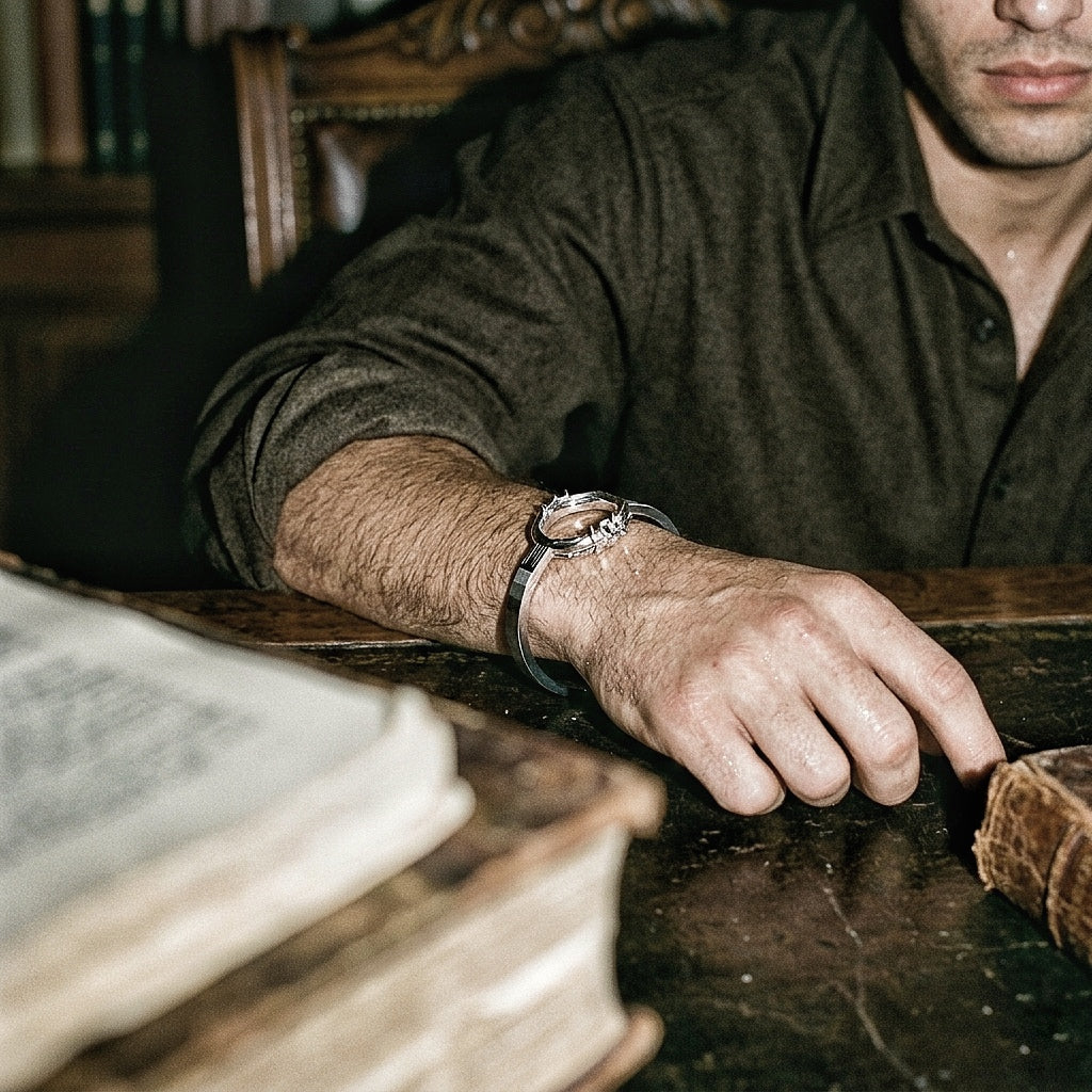 Sterling silver cuff on male wrist on dark wooden desk with leather-bound books, scholarly editorial light