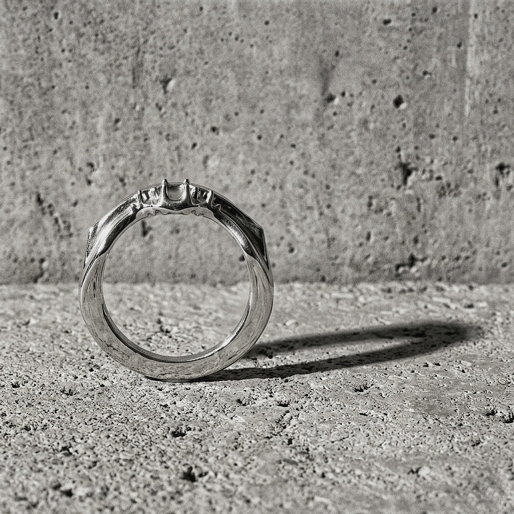 Sterling silver band with irregular crown ridge catching uneven light, 925 silver