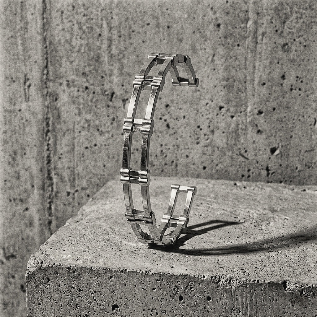 Architectural twin-rail cuff with perpendicular block modules upright on concrete pedestal, A Gross Domestic Product